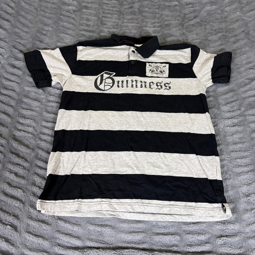 Guinness Official Merchandise Mens XL Black Gray Striped Polo Shirt Beer Logo
